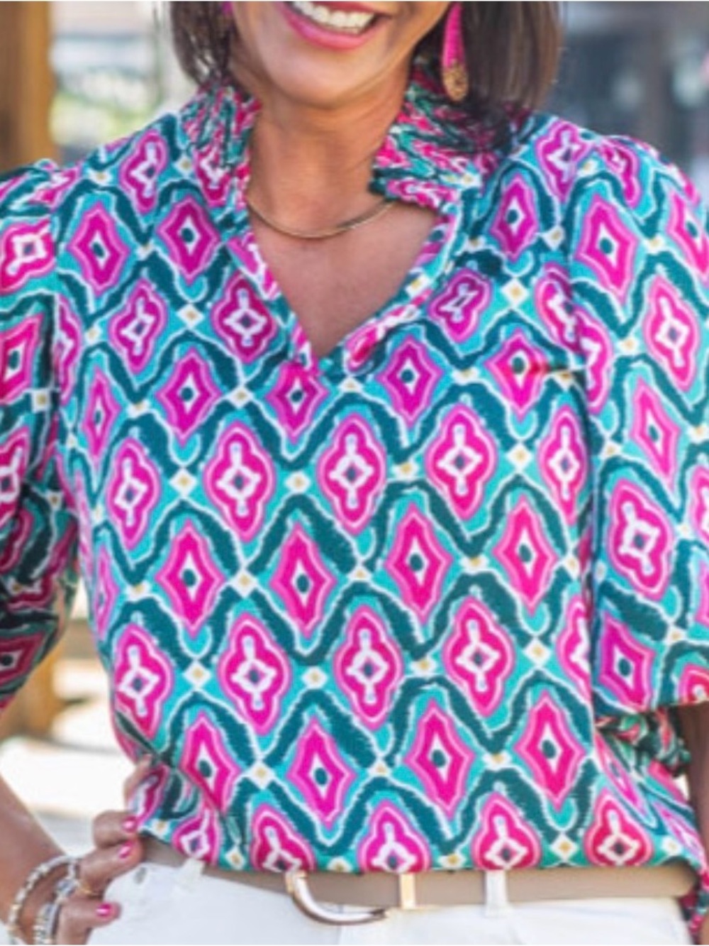 THML Pink & Teal Geometric V-Neck Blouse with Puff Sleeves